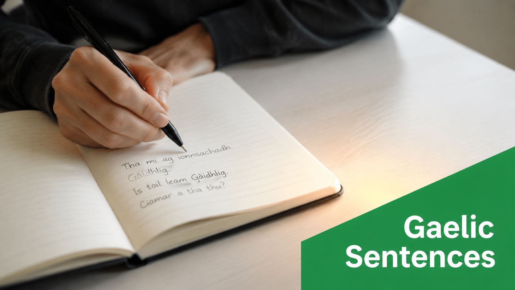 A person writes Scottish Gaelic phrases into a notebook on a bright desk with green corner overlay.