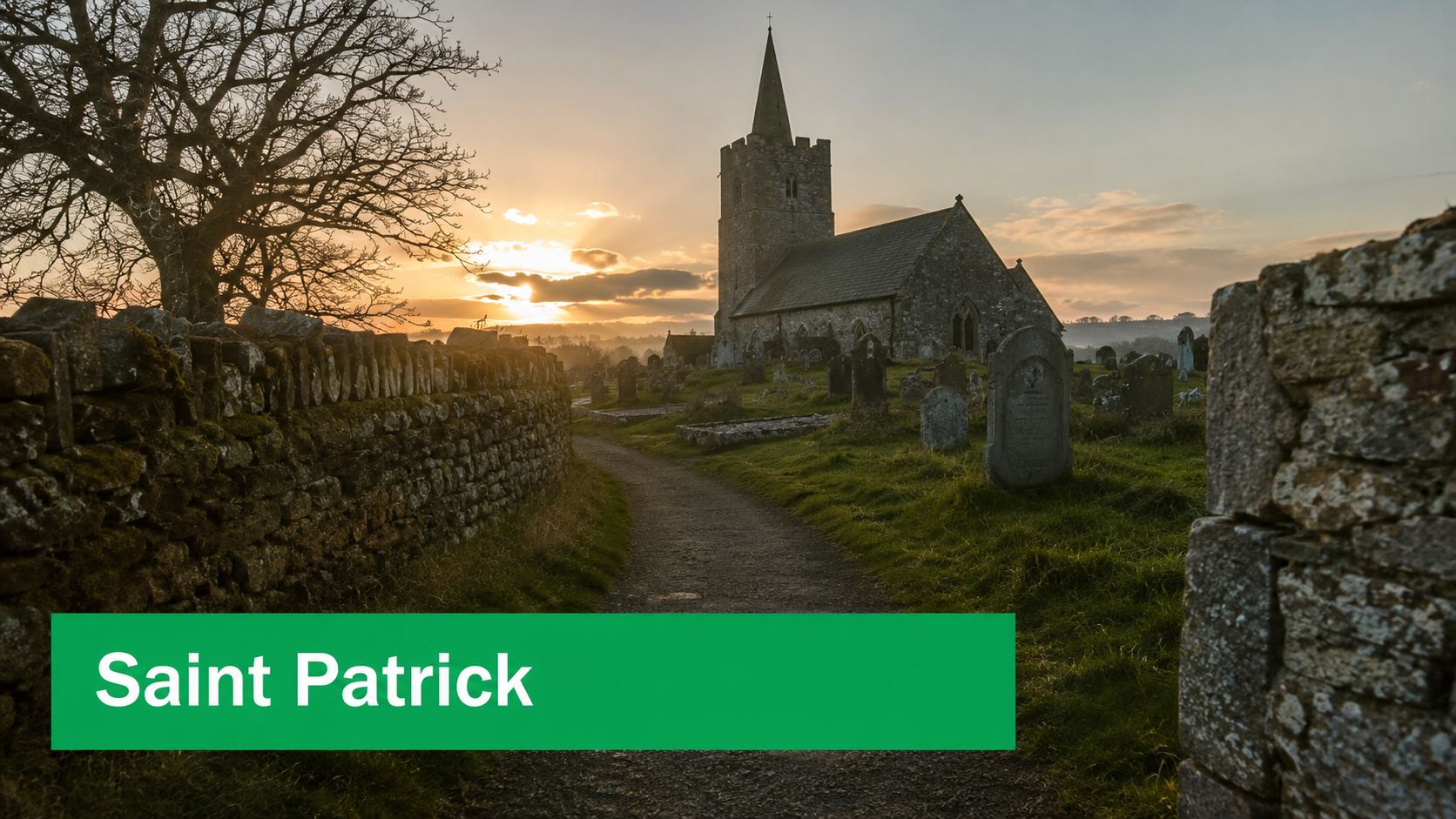 A scenic view of a historic stone church and cemetery at sunset in the English countryside.