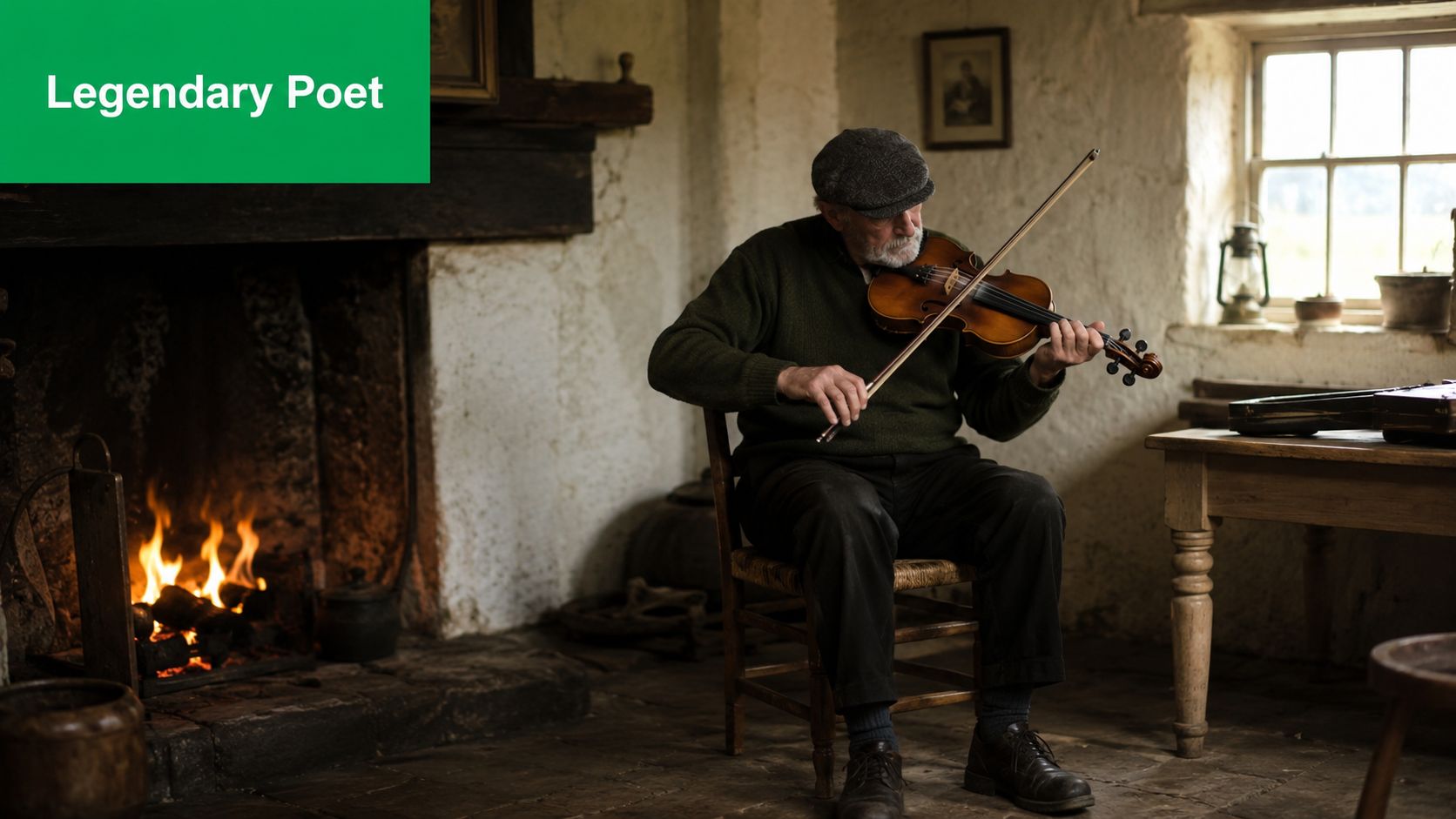 An elderly man wearing a flat cap playing the violin in a rustic room near a fireplace.