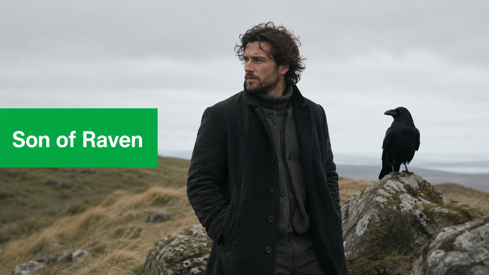 A rugged man with dark hair and a beard standing outdoors with a raven perched on a rock.