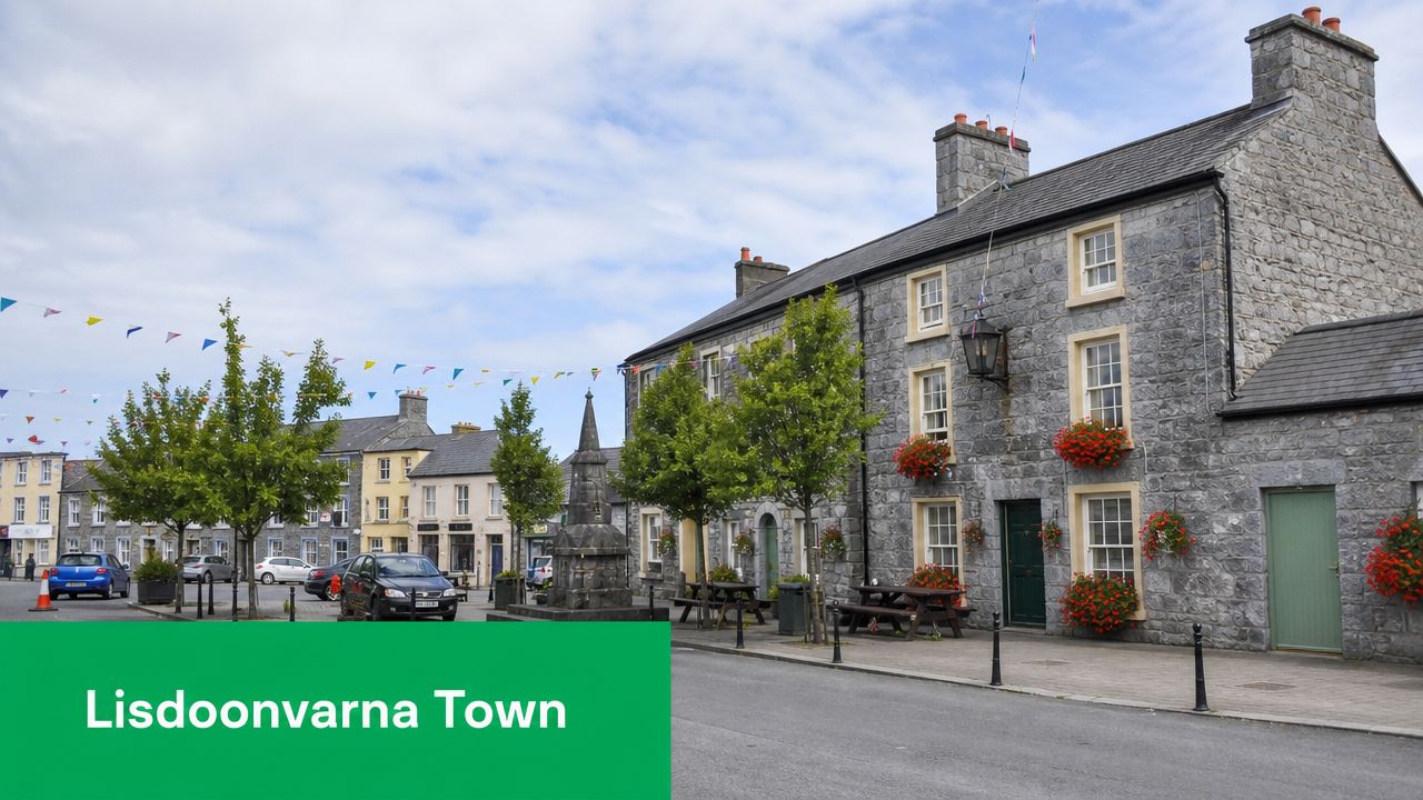 A scenic view of a quiet street in Lisdoonvarna town with traditional stone buildings and hanging flowers.