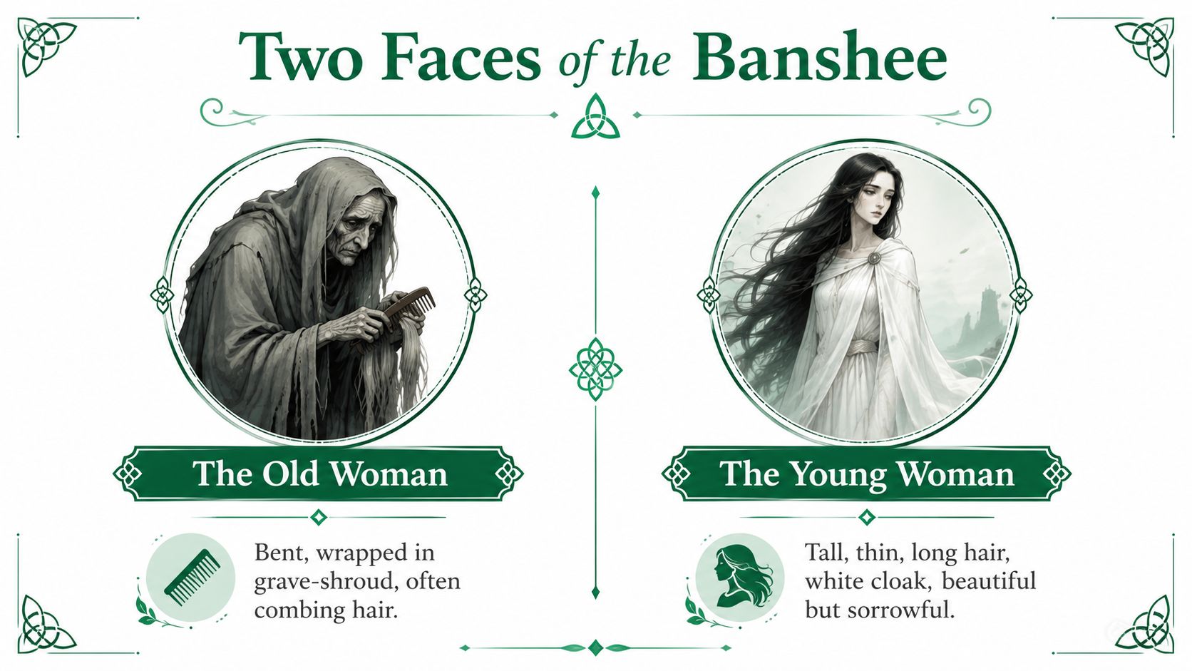 A graphic illustration comparing the two traditional forms of the Irish folklore banshee: old and young.