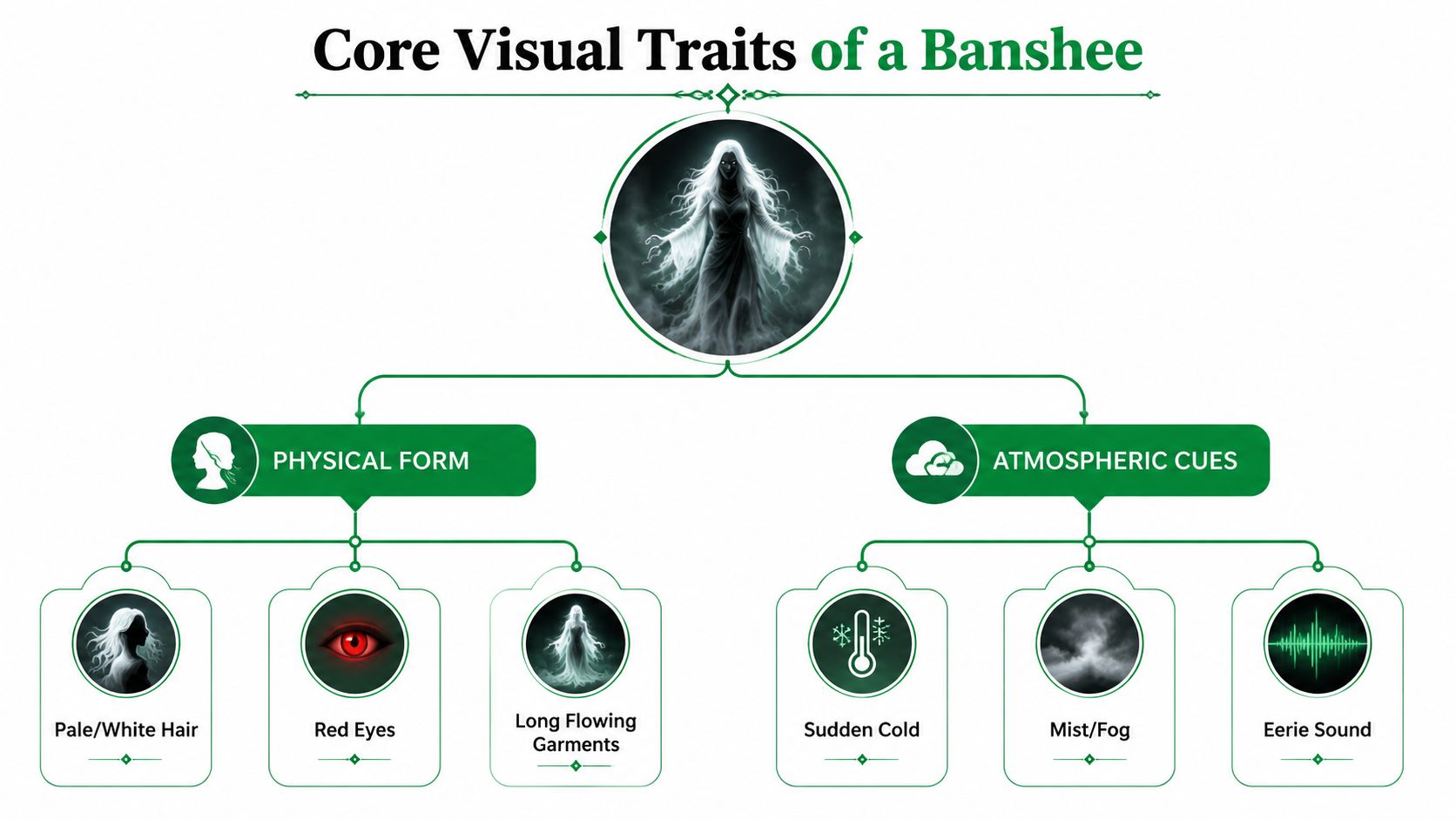 An infographic titled Core Visual Traits of a Banshee detailing her physical form and atmospheric cues.