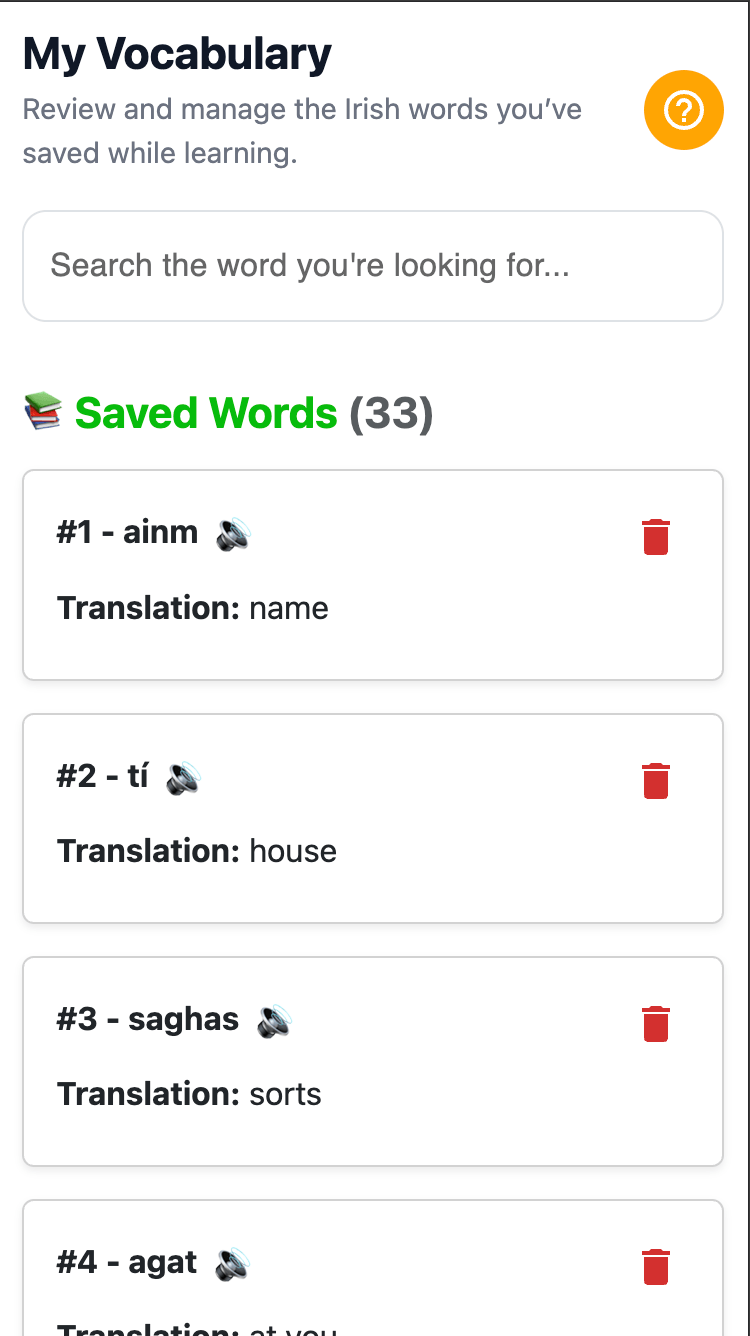 Personal Irish vocabulary study list in Gaeilgeoir