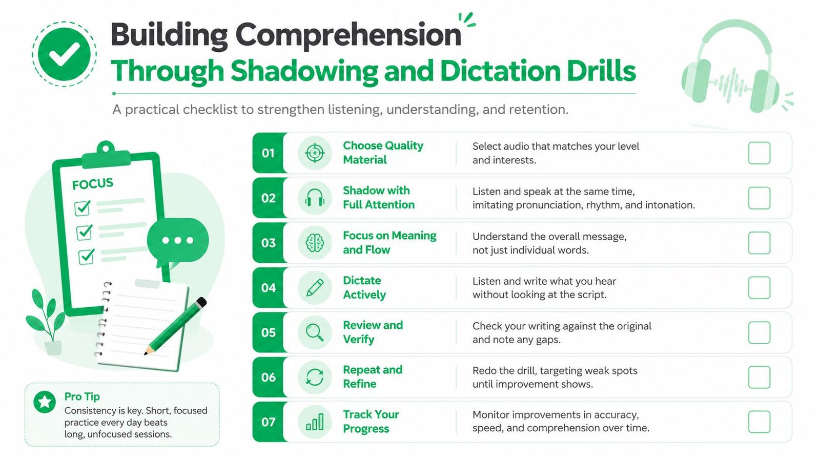 A checklist infographic illustrating seven steps for improving language comprehension through shadowing and dictation practice techniques.