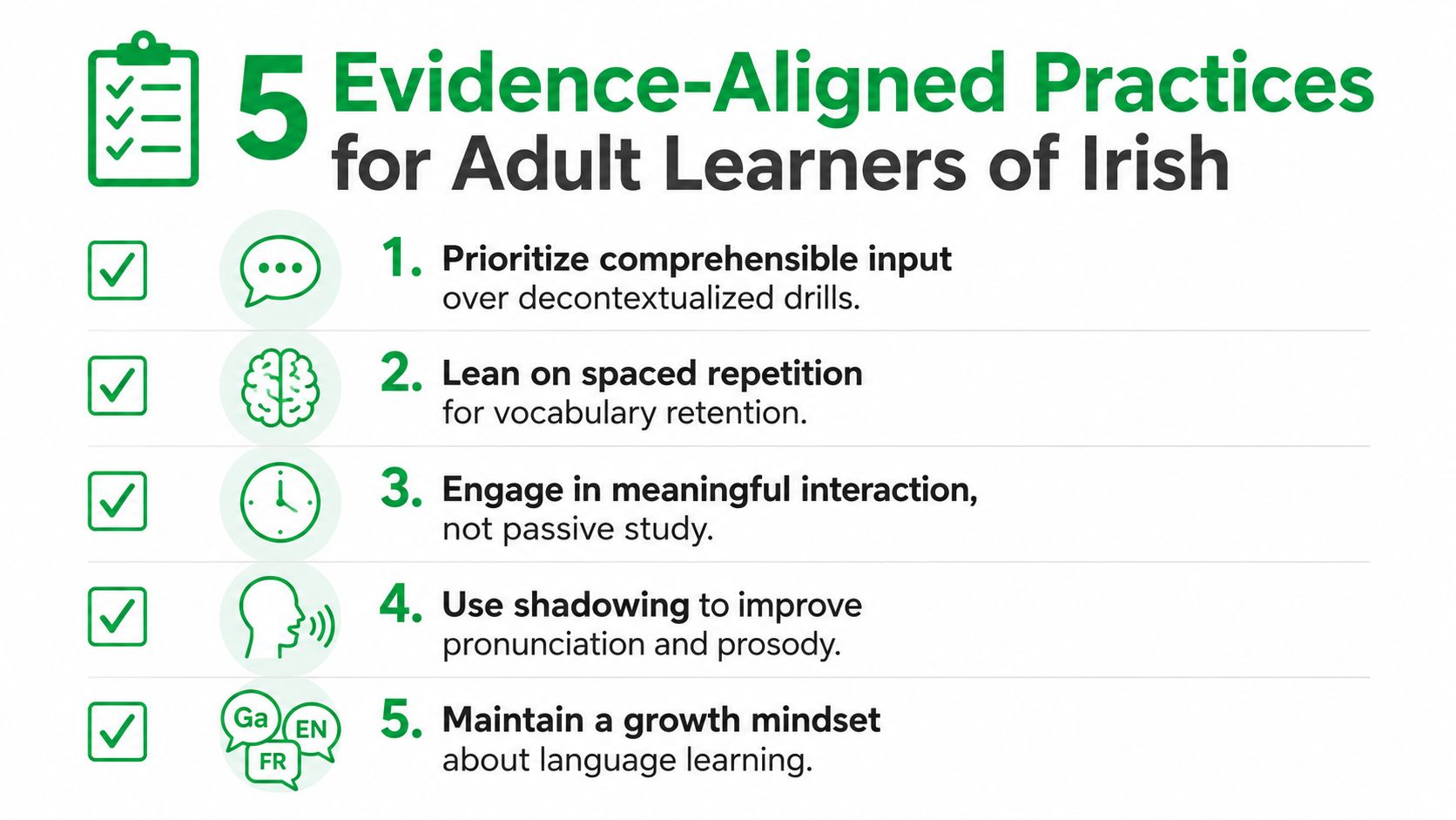 A list of five evidence-based strategies for adult learners to effectively learn the Irish language.