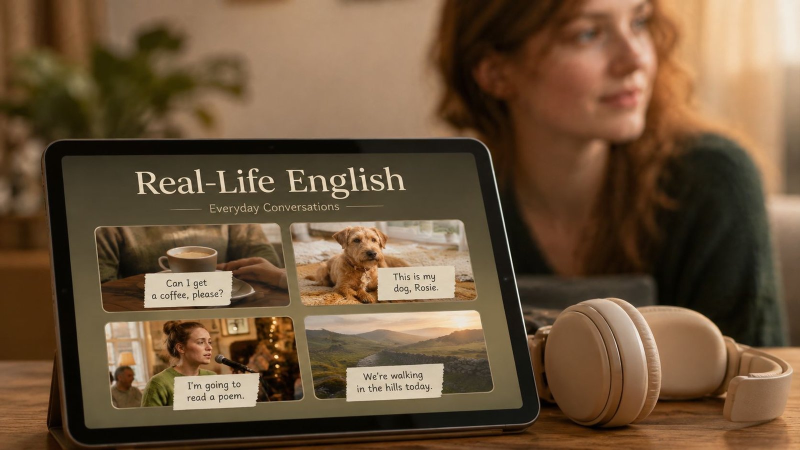 A tablet screen displaying a Real-Life English lesson with phrases about coffee, a dog, reading, and hiking.