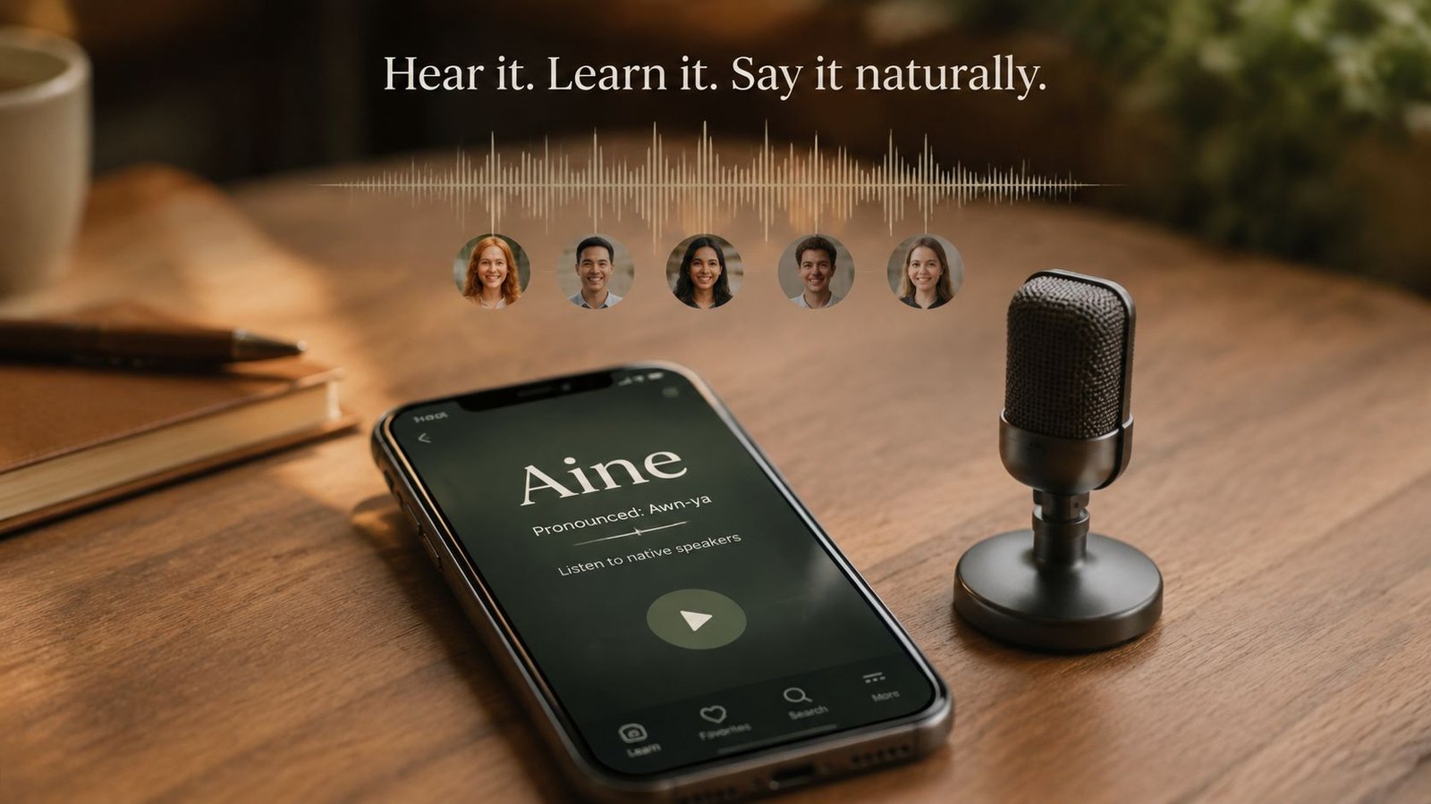 A smartphone app displaying pronunciation guides next to a small microphone on a wooden desk surface.