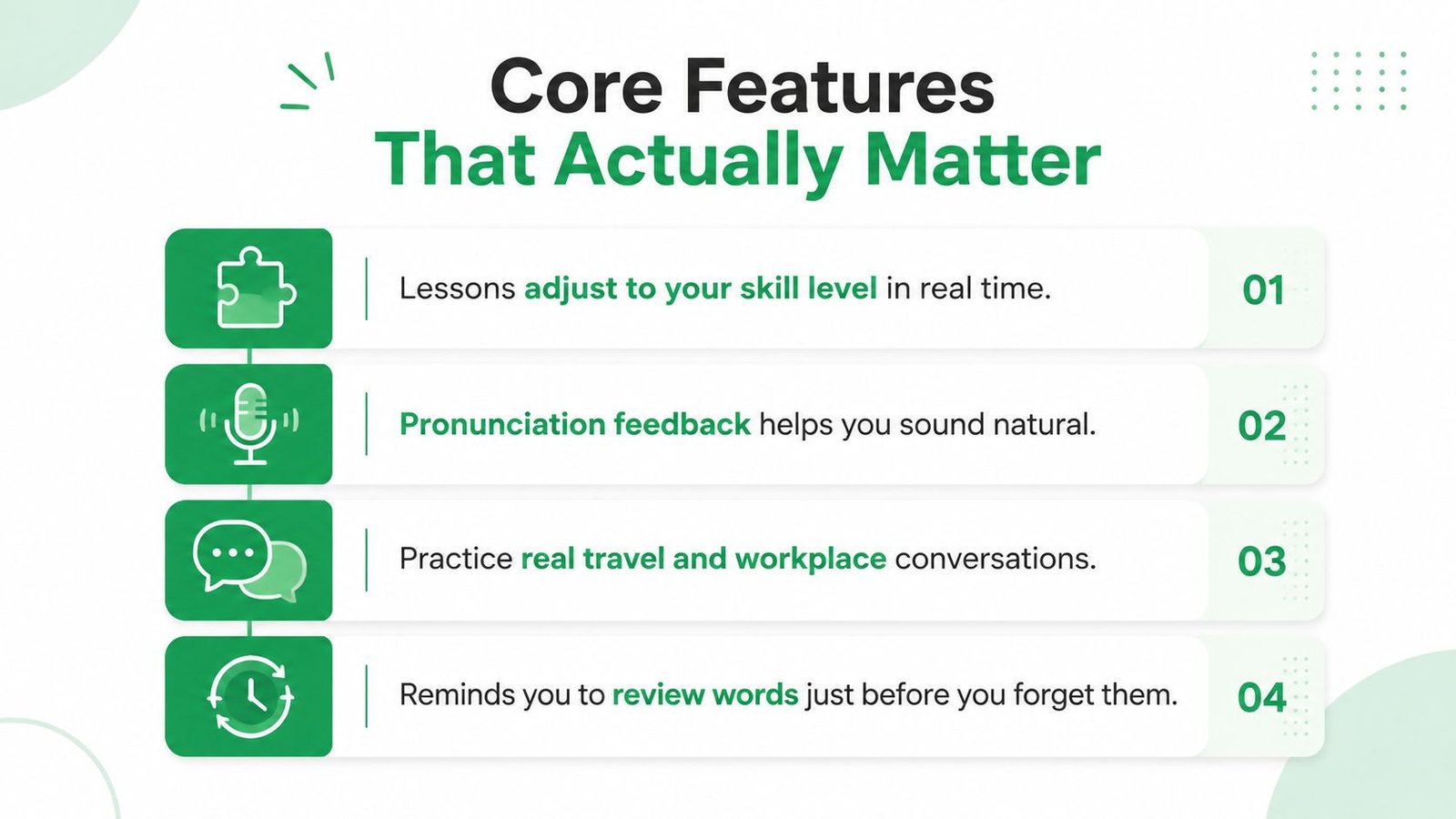 A list of four core features for a language learning platform, presented with green icons and numbers.
