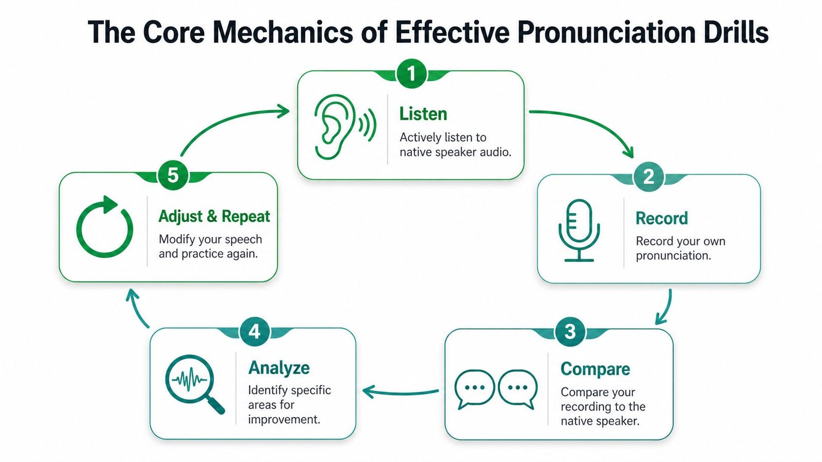 A diagram illustrating the five core steps of effective pronunciation practice: listen, record, compare, analyze, and adjust.