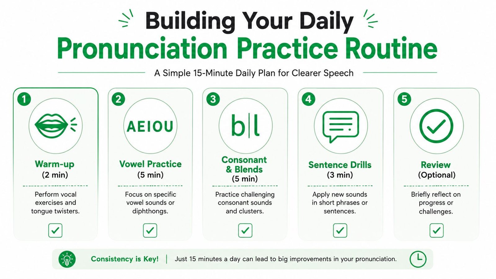 A five-step daily pronunciation practice routine infographic showing a 15-minute plan for clearer speech improvement.