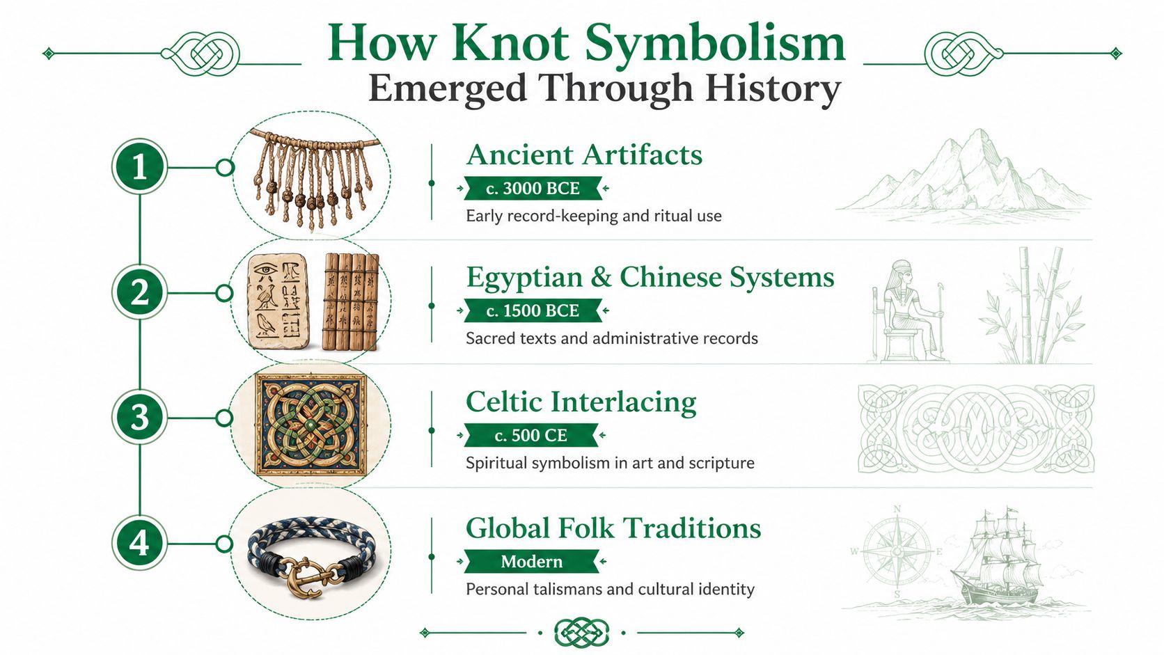 An educational infographic timeline showing the historical evolution of knot symbolism from ancient artifacts to modern traditions.