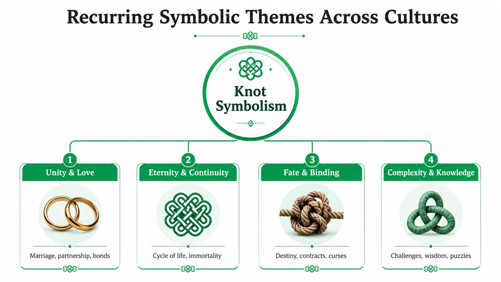 An infographic titled Recurring Symbolic Themes Across Cultures showing four distinct meanings associated with knot symbolism.