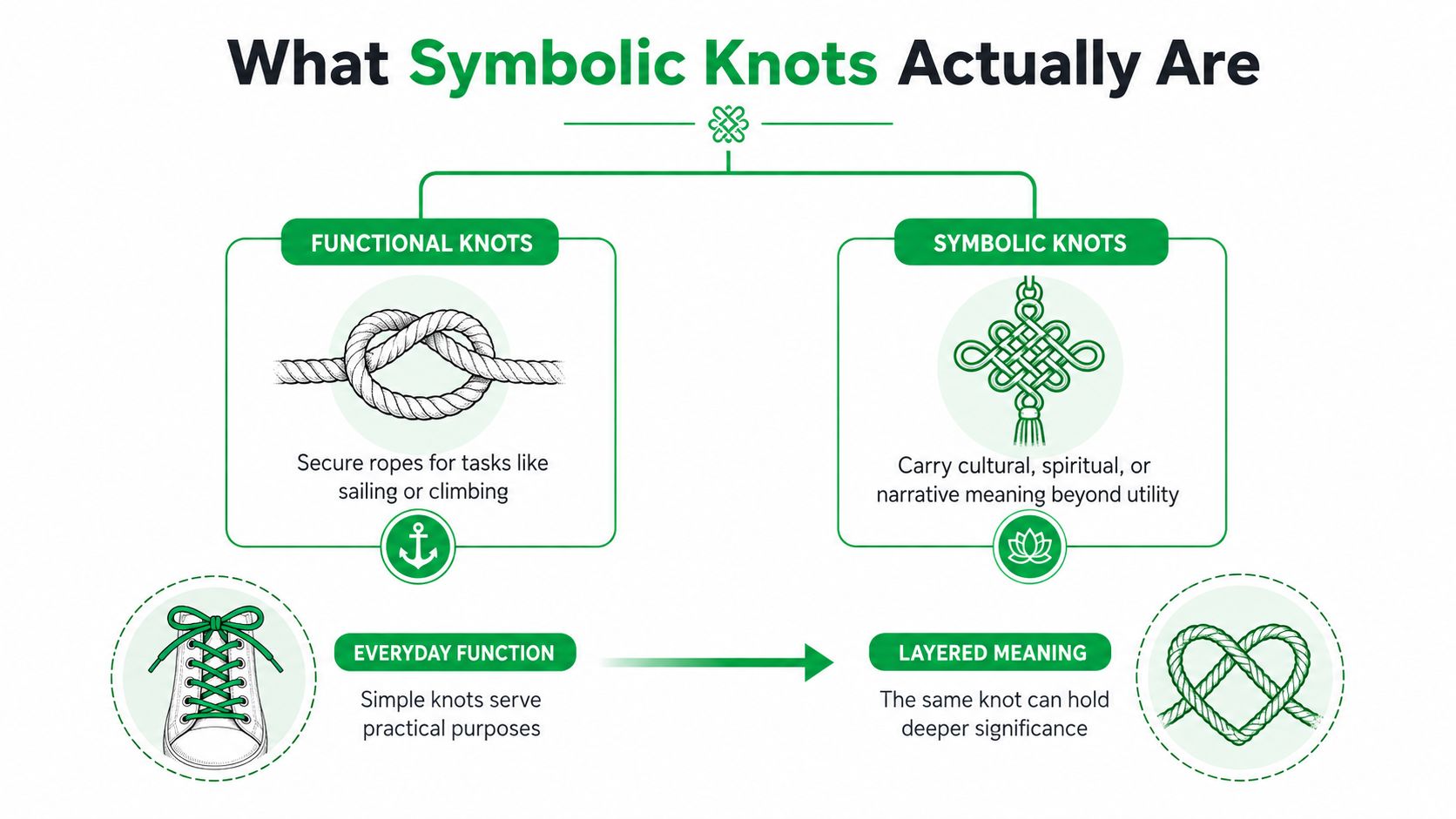 An infographic titled What Symbolic Knots Actually Are, showing functional versus symbolic uses of knots.