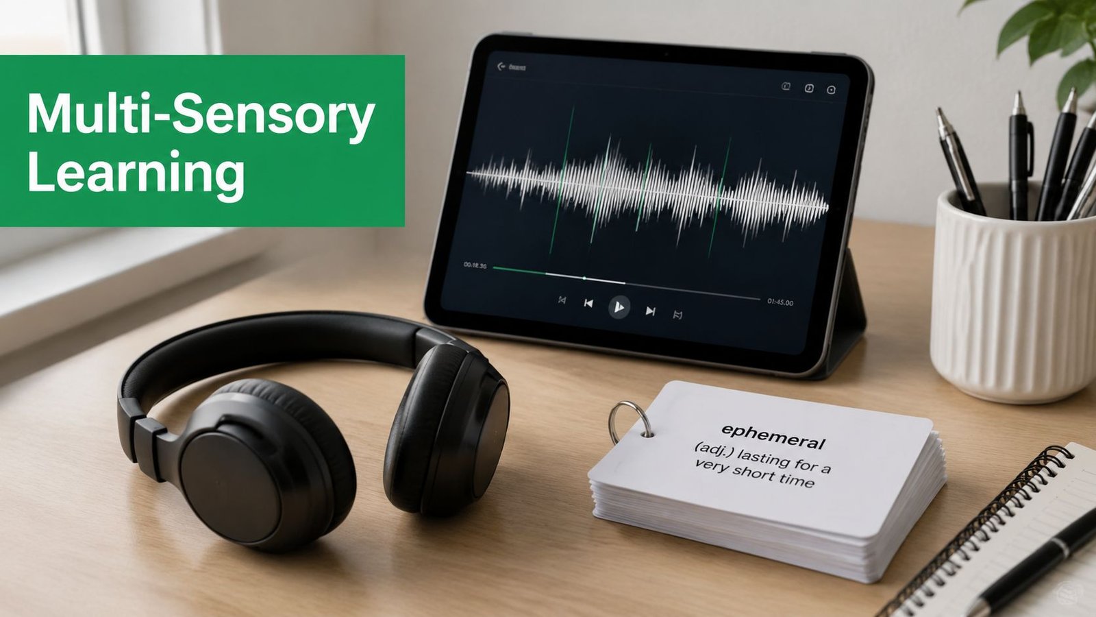 A tablet showing an audio waveform next to headphones and vocabulary flashcards on a desk for learning.