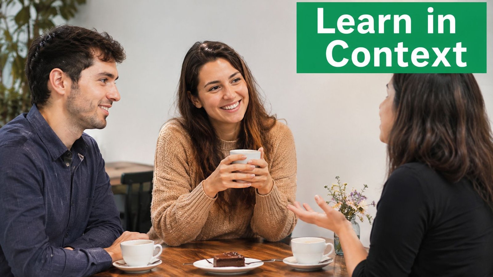 A group of three friends sitting at a cafe table while having a pleasant social conversation.
