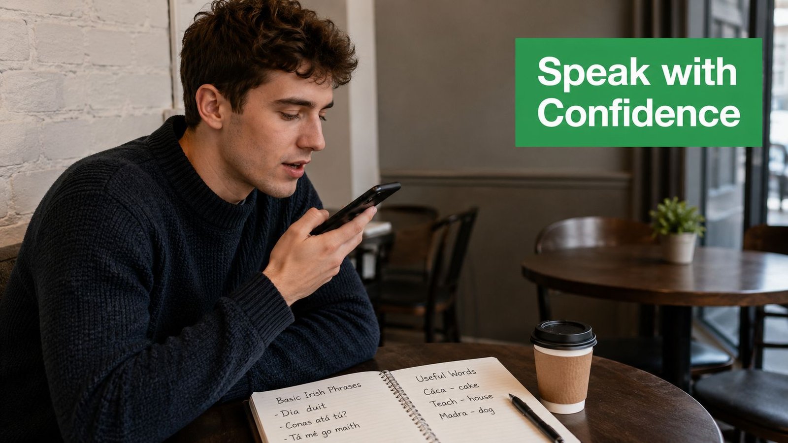 A young man sitting in a cafe studying basic Irish language phrases and words from a notebook.