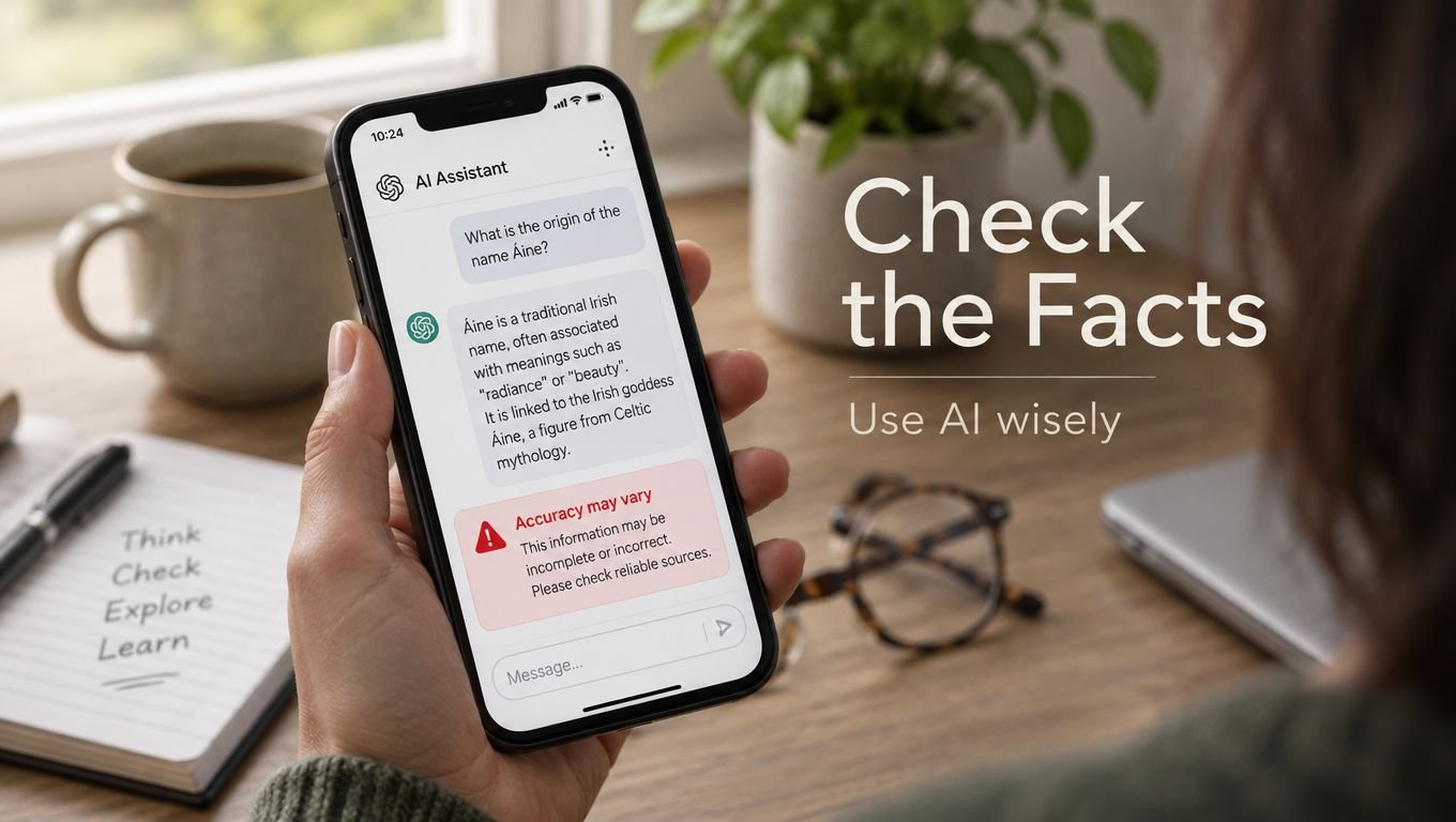 A person holding a smartphone showing an AI chat interface with a warning to check facts.