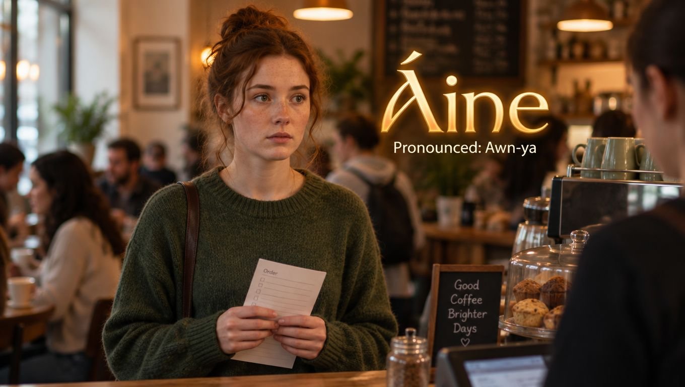A young woman with red hair standing at a coffee shop counter holding an order list.