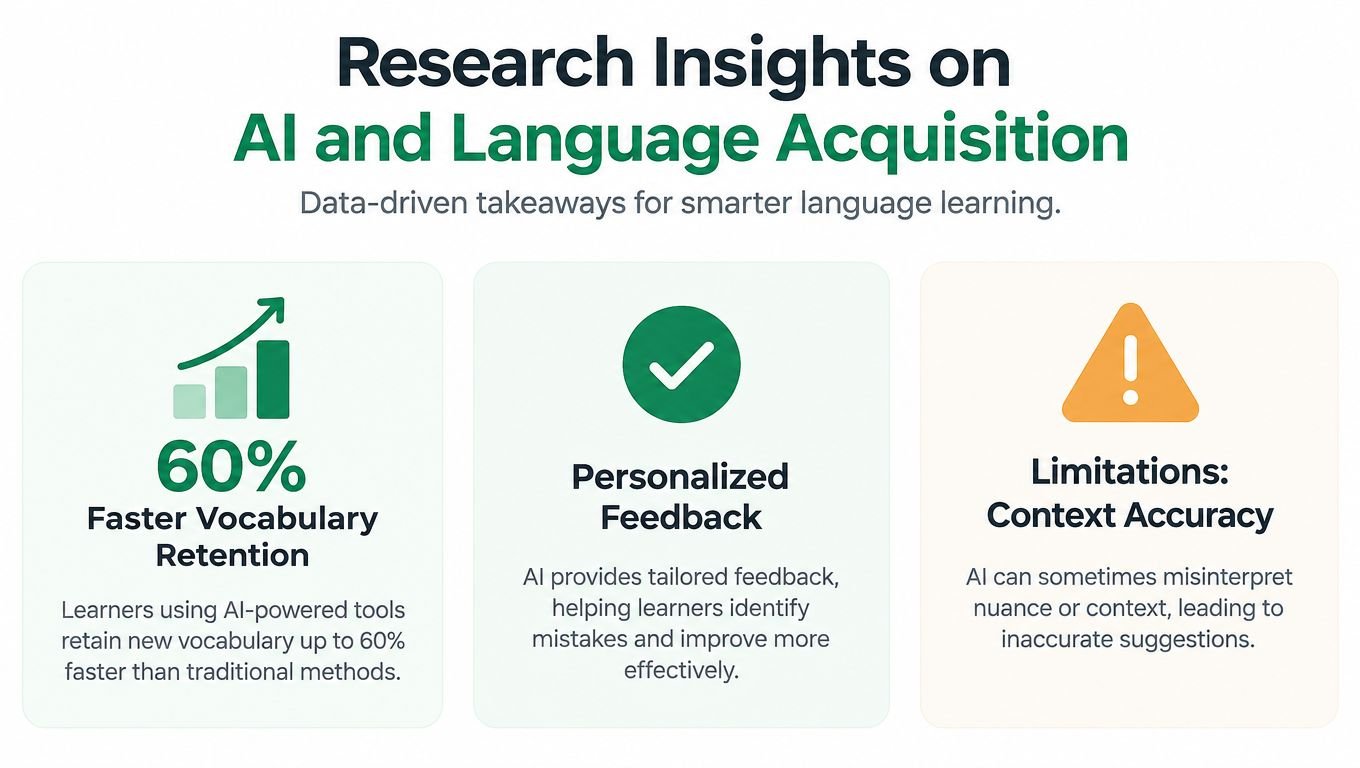 An infographic titled Research Insights on AI and Language Acquisition highlighting vocabulary speed, personalized feedback, and limitations.
