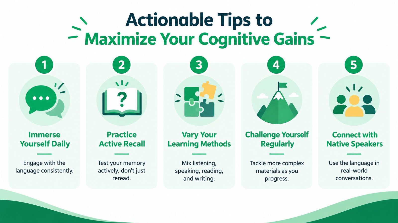 A helpful infographic showing five numbered steps for maximizing cognitive gains while learning a new language.