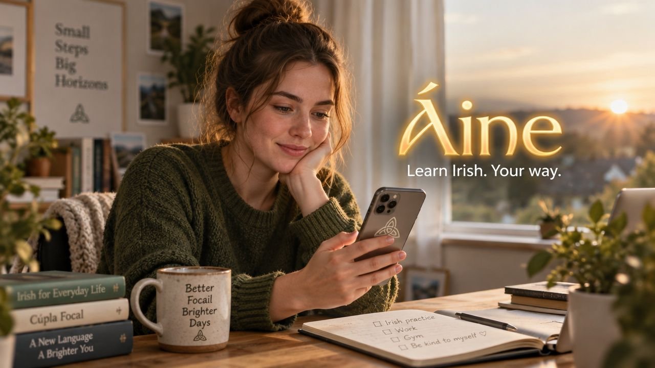 A woman sits at a desk with a phone, coffee mug, and notebook, learning Irish language skills.
