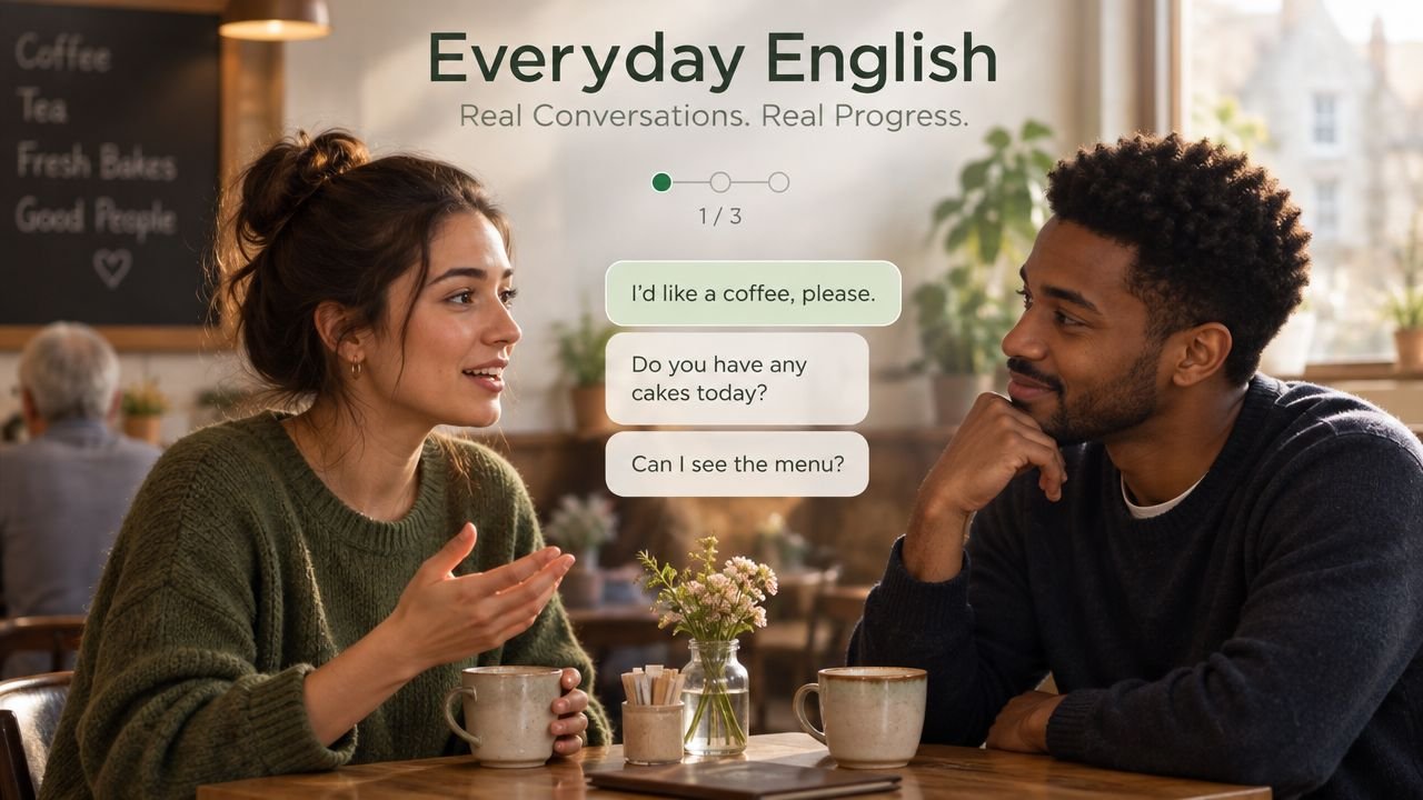 A woman and man having a conversation in a cafe with conversational English learning text bubbles overlay.