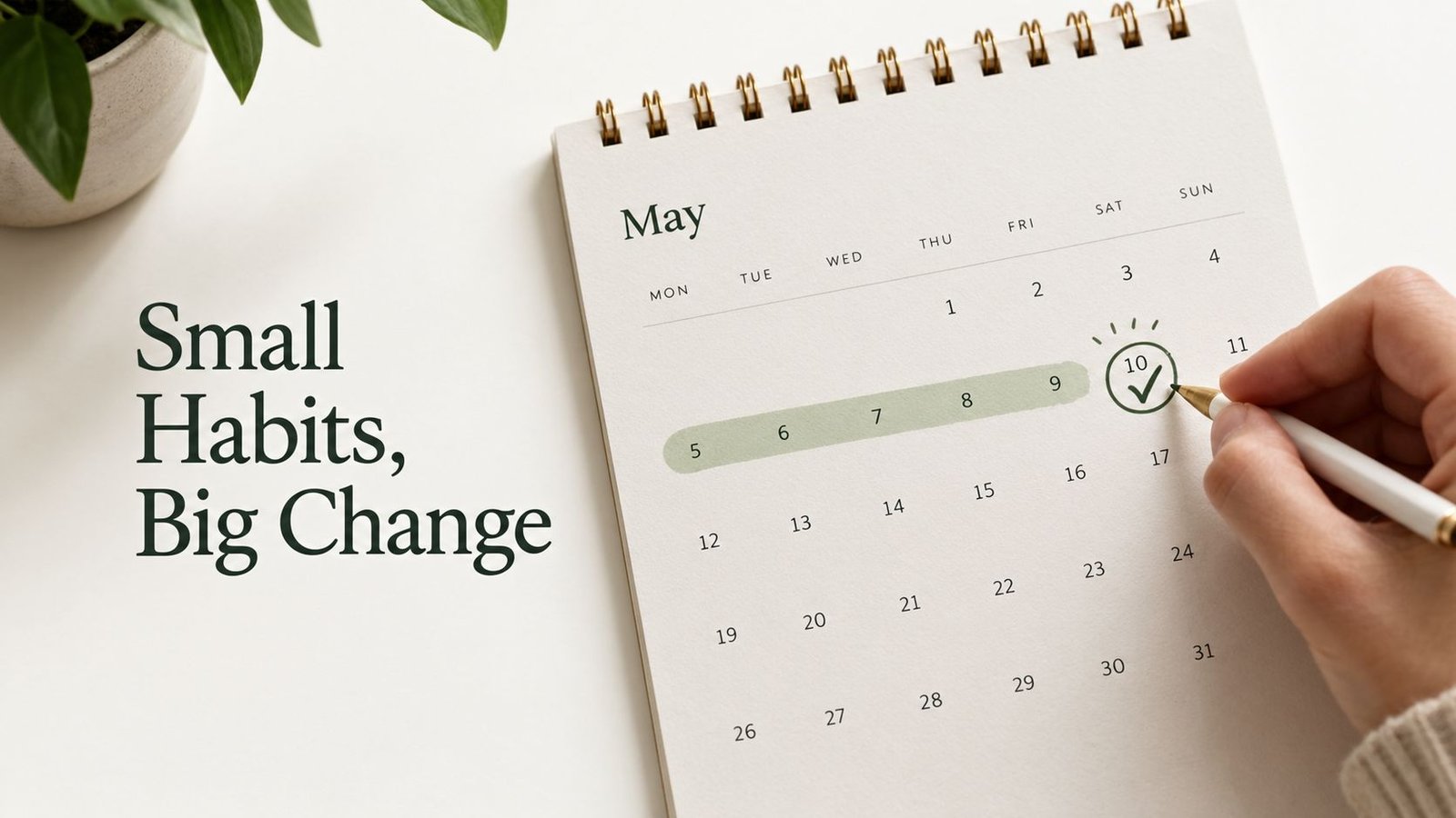 A hand marks the tenth of May on a paper calendar with a green checkmark illustration.