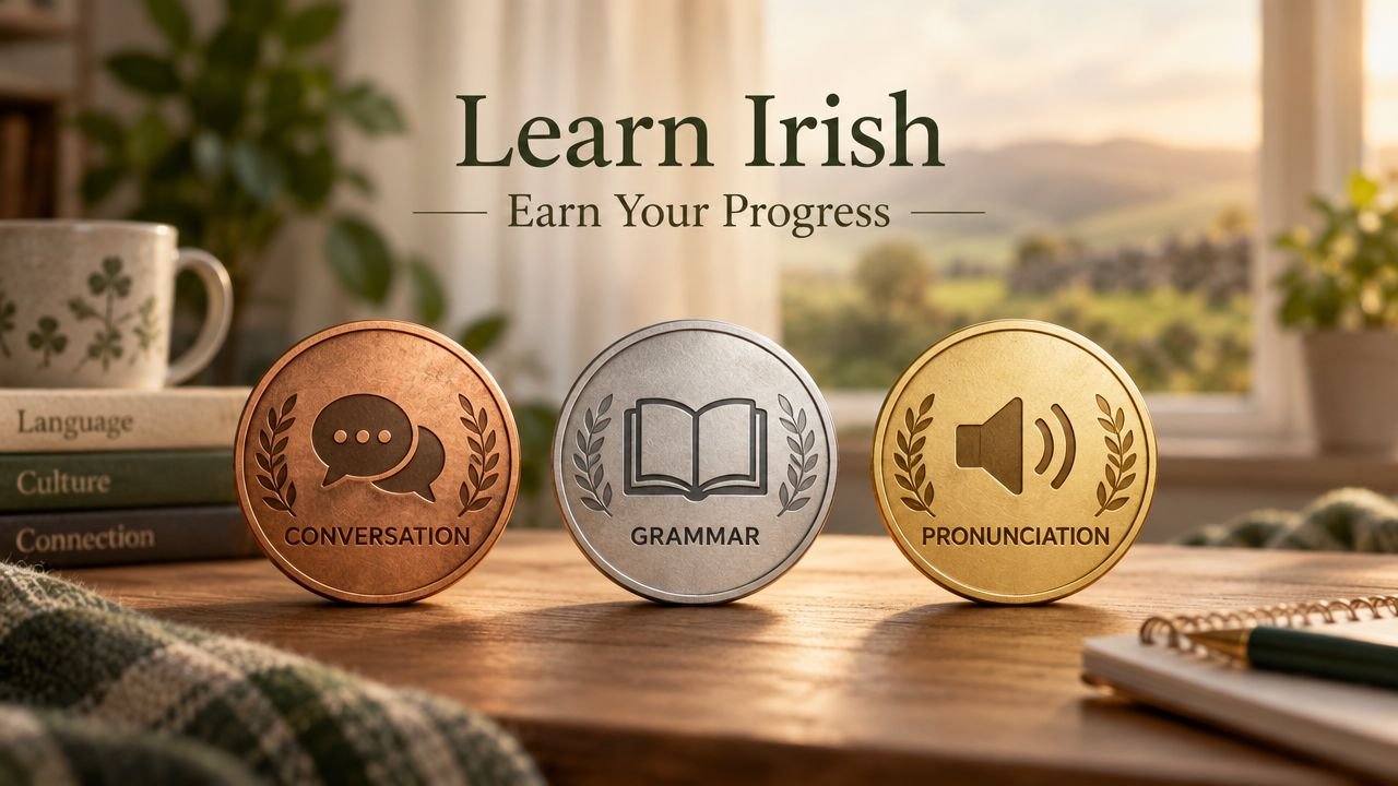 Three decorative coins on a wooden desk labeled Conversation, Grammar, and Pronunciation for Irish language learning.