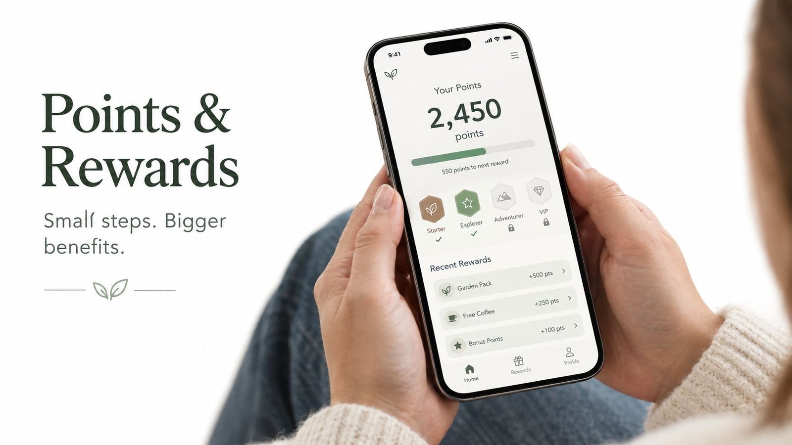 A person holding a smartphone displaying a gamified loyalty rewards app interface with points and levels.