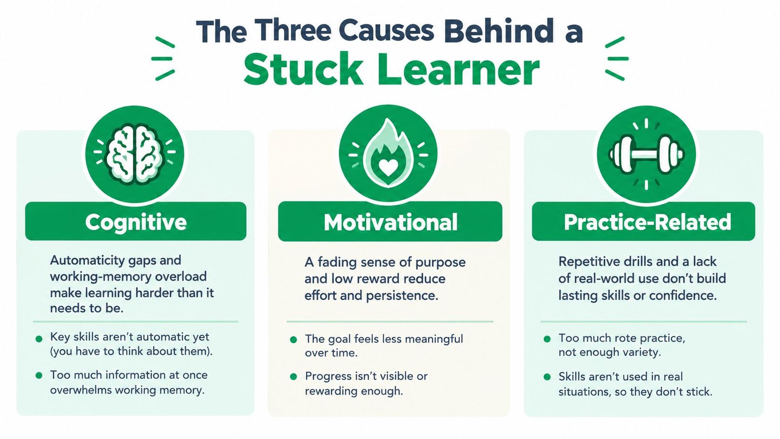An infographic titled The Three Causes Behind a Stuck Learner, detailing cognitive, motivational, and practice-related obstacles.