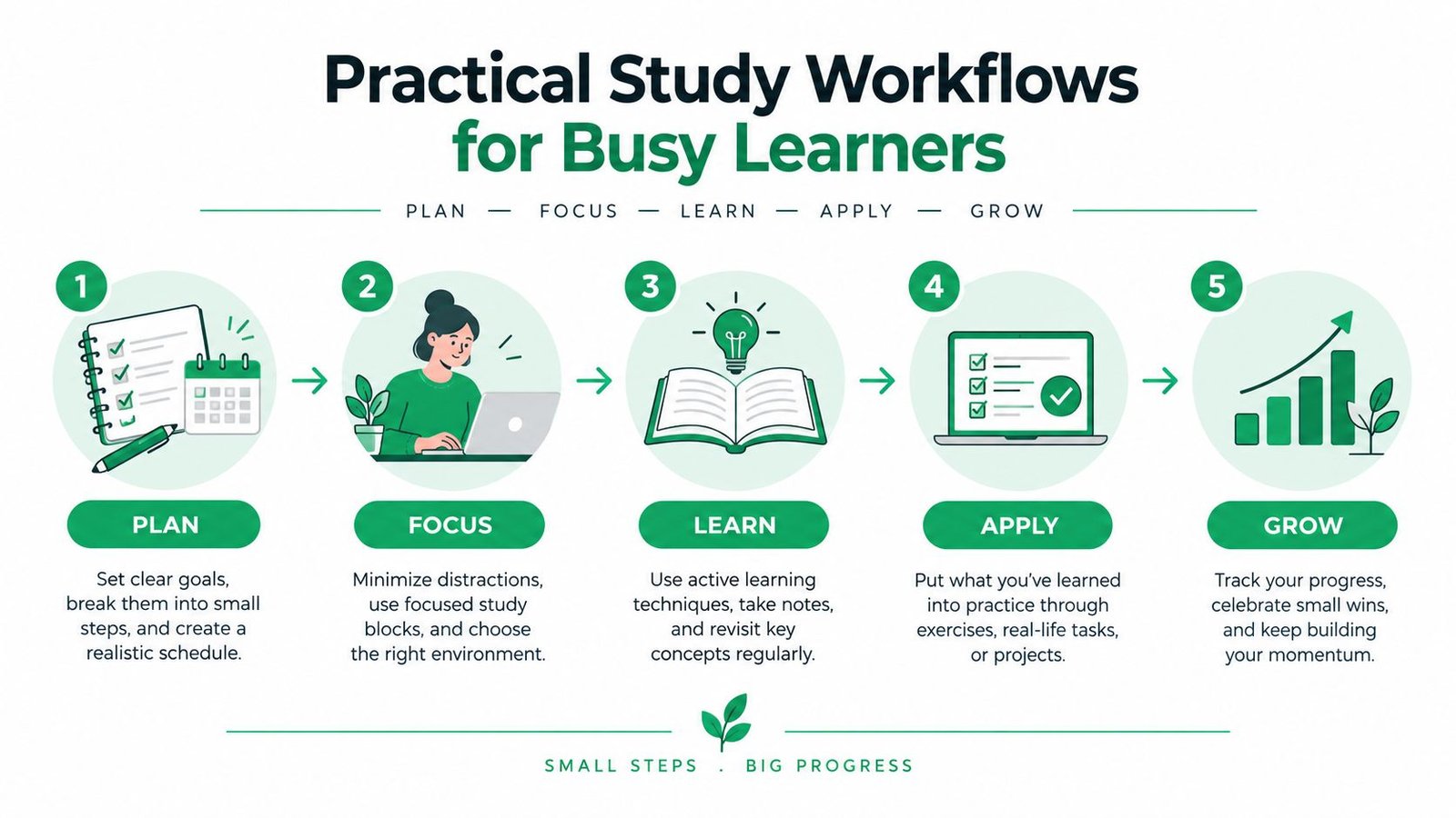 An infographic showing a five-step practical study workflow for busy learners including planning, focusing, learning, applying, and growing.