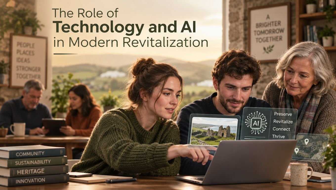 A multigenerational group collaborates on a laptop discussing technology and AI for community and heritage revitalization projects.