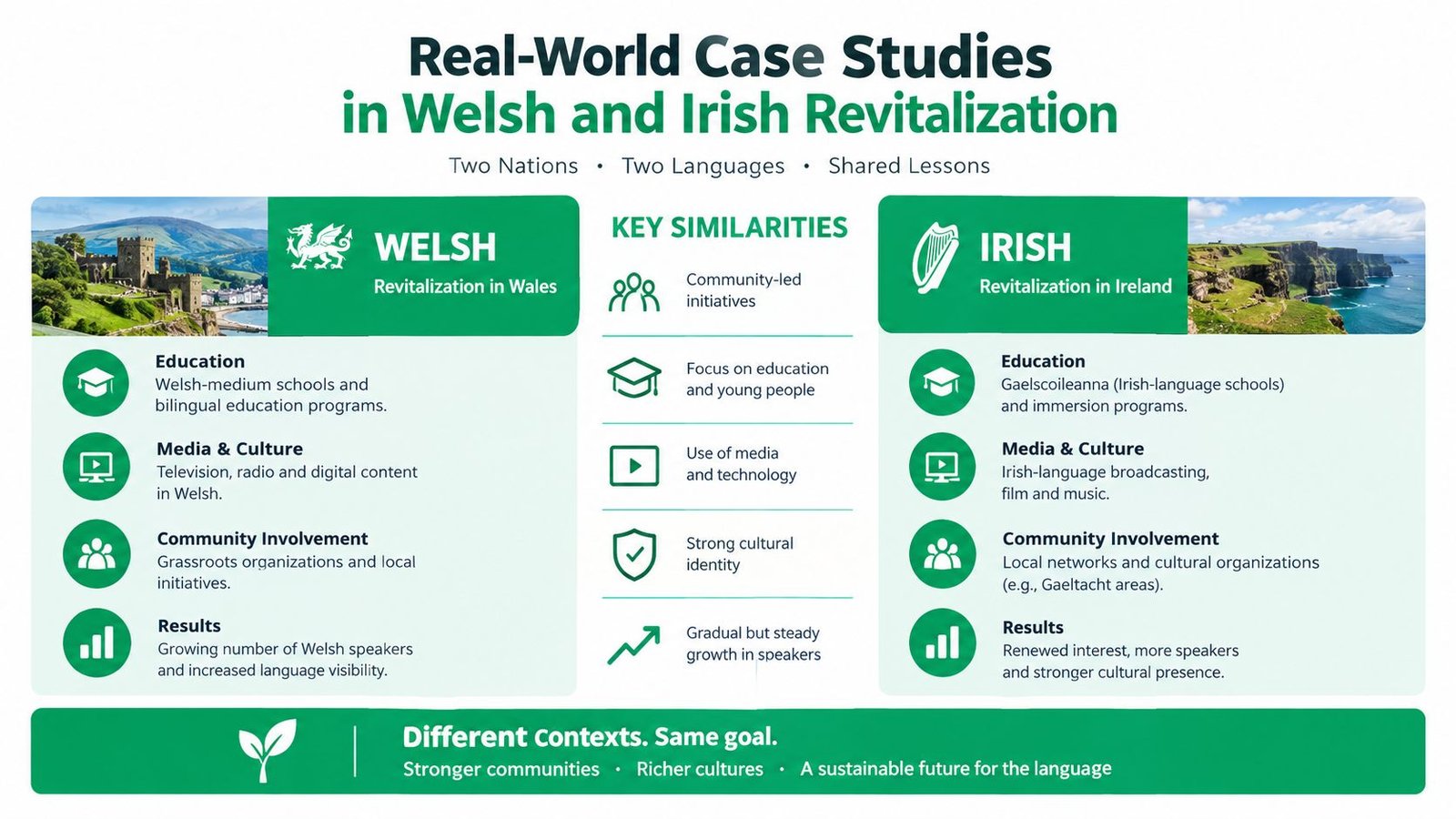 An infographic comparing Welsh and Irish language revitalization efforts, highlighting key similarities, educational programs, and community initiatives.